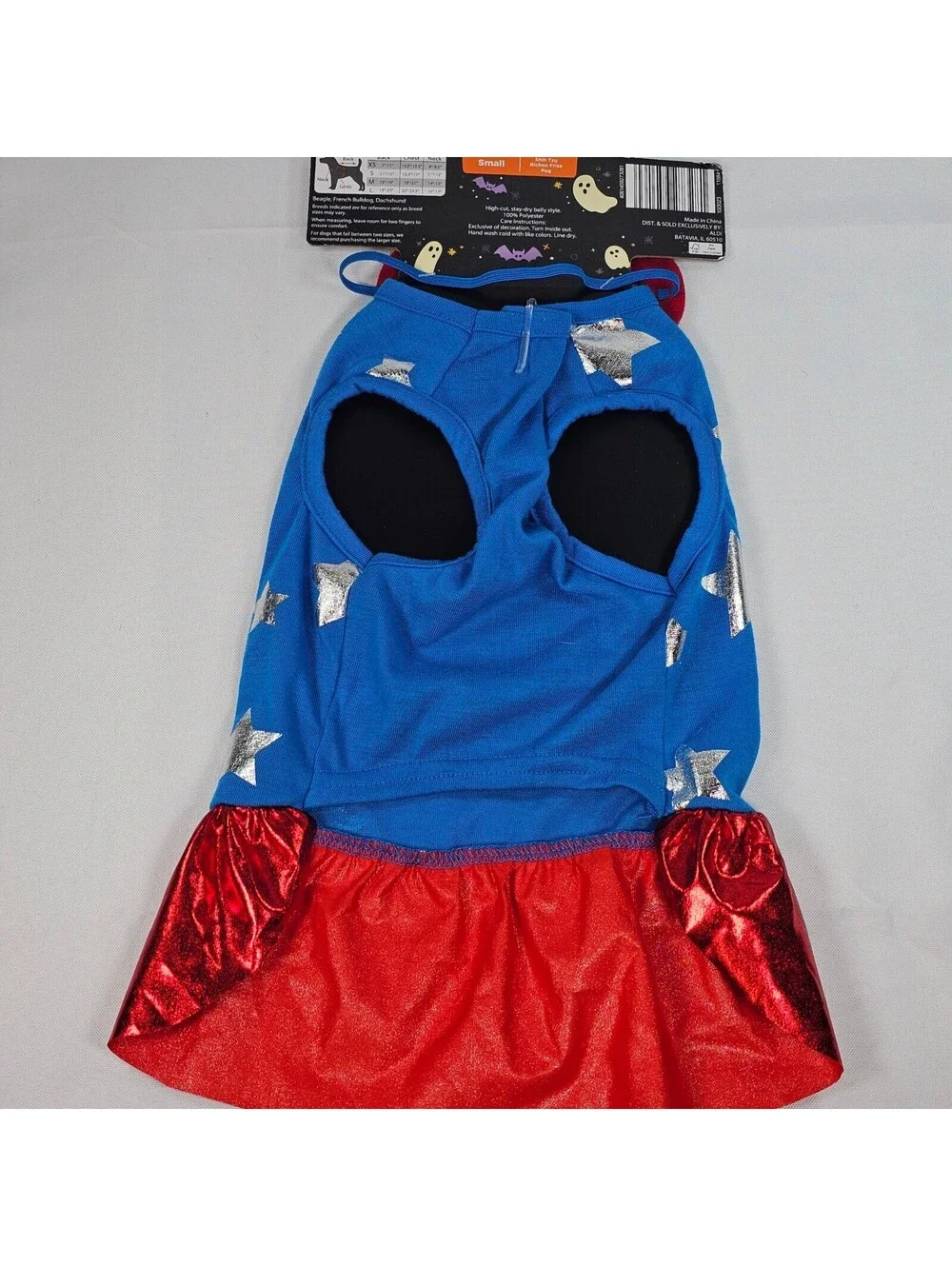 New Pet Hoodie Superhero Costume Blue Silver Stars Red Skirt Mask Small